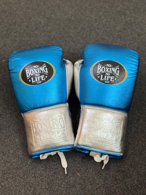 NO BOXING NO LIFE TRAINING GLOVES - Blue Silver | 100% Pure Leather | Best Choice for Fighters