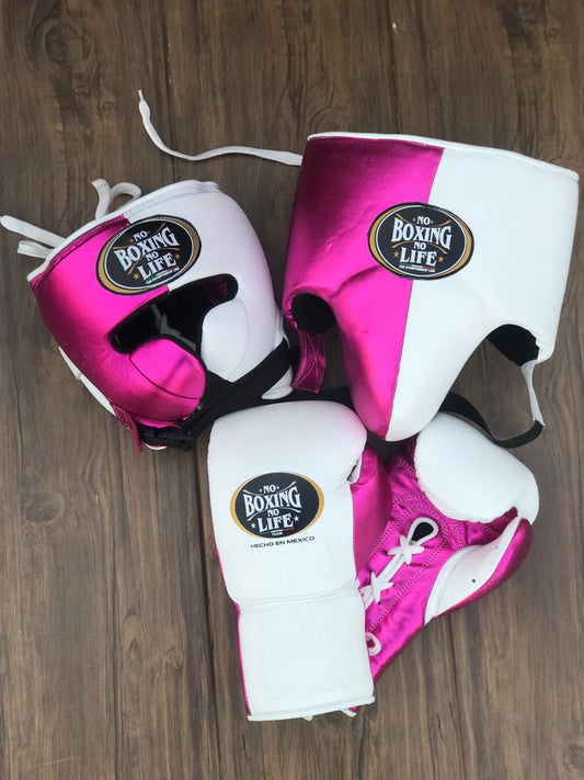NO BOXING NO LIFE SET, NBNL Pink/White Boxing set, No Boxing No Life Gloves Head Guard & Groin Guard