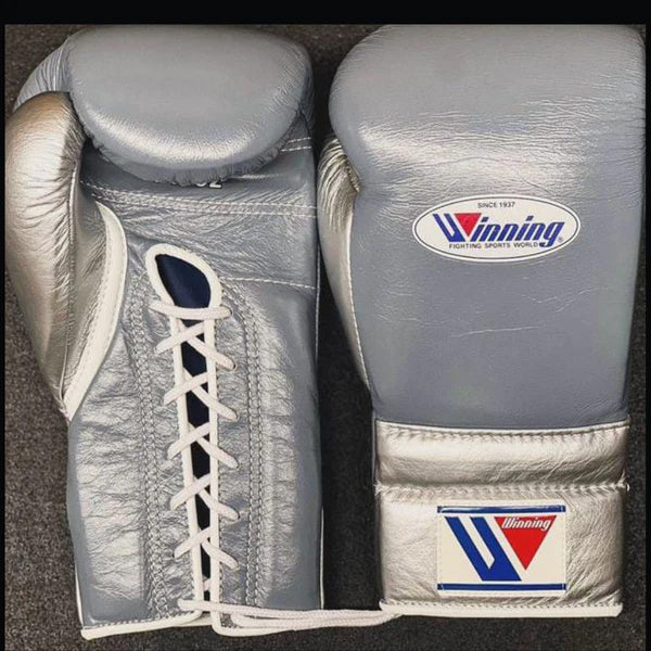 Winning Boxing Gloves – Grey Silver Lace Up Winning Training Gloves – Perfect for All Boxers – Pro-Level Quality – Premium Quality at Low Prices