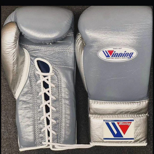 Winning Boxing Gloves – Grey Silver Lace Up Winning Training Gloves – Perfect for All Boxers – Pro-Level Quality – Premium Quality at Low Prices