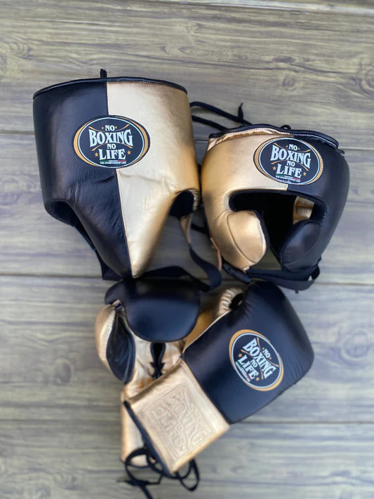 NO BOXING NO LIFE SET, NBNL BLACK/GOLD Boxing set, No Boxing No Life Gloves Head Guard & Groin Guard