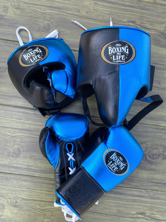 NO BOXING NO LIFE SET, NBNL Black/Blue Boxing set, No Boxing No Life Gloves Head Guard & Groin Guard