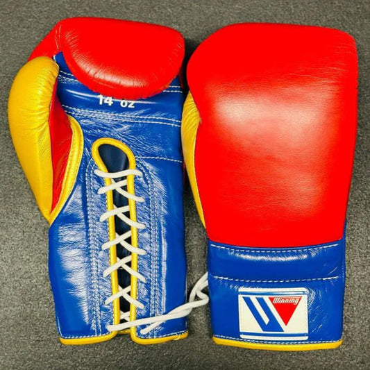 Winning Boxing Gloves – Blue Red Yellow Lace Up Winning Training Gloves – Perfect for All Boxers – Pro-Level Quality – Premium Quality at Low Prices