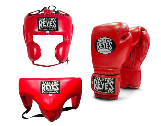 Cleto Reyes Red Boxing Gloves Set, Custom Logo, Head & Groin Protector