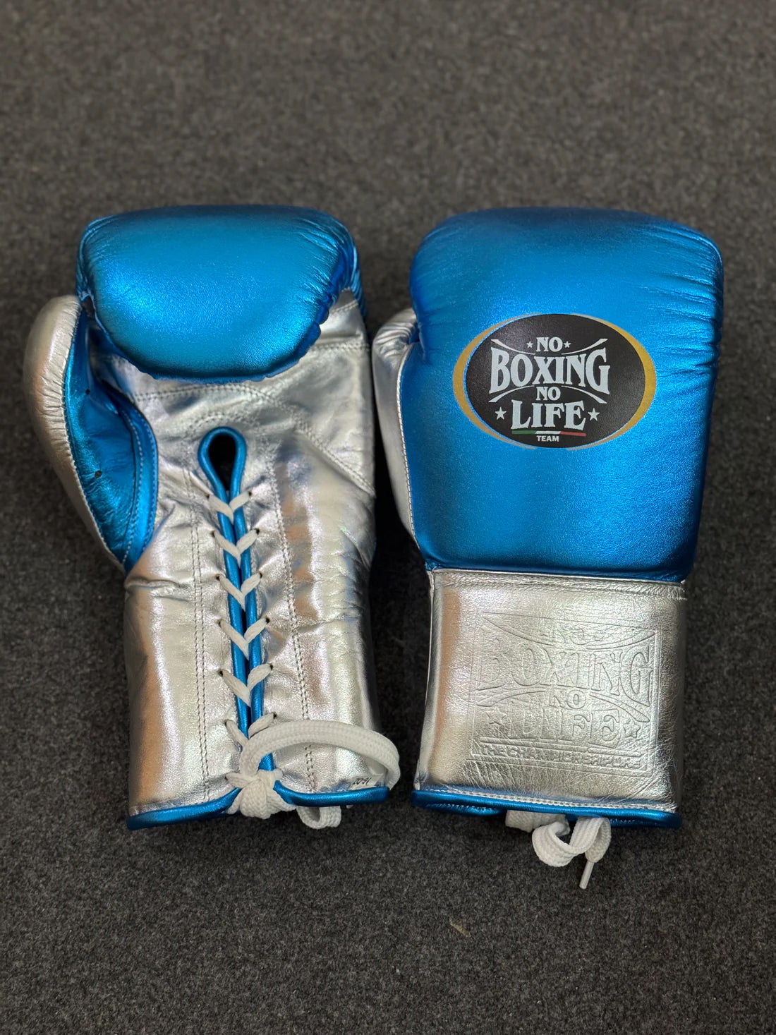 NO BOXING NO LIFE TRAINING GLOVES - Blue Silver | 100% Pure Leather | Best Choice for Fighters
