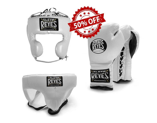 Cleto Reyes White Boxing Gloves Set, Custom Logo, Head & Groin Protector