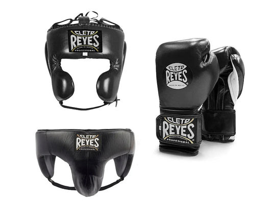Cleto Reyes Black Boxing Gloves Set, Custom Logo, Head & Groin Protector
