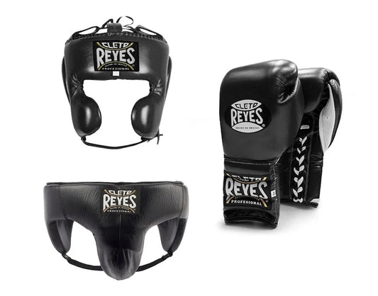 Cleto Reyes Black Boxing Gloves Set, Custom Logo, Head & Groin Protector