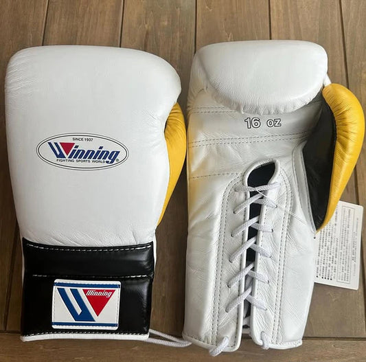 Winning Boxing Gloves White/Black/Yellow – Lace-Up