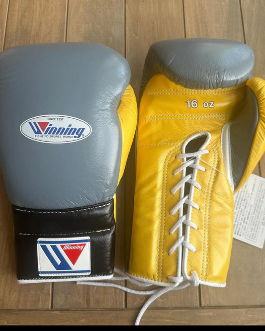 Winning Boxing Gloves Grey/Yellow/Black – Lace-Up