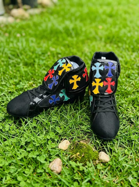 Custom Chrome Heart Crosses Leather Boxing Shoes, Lightweight Pro Wrestling Boots