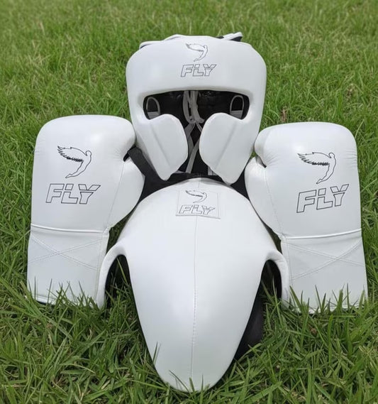 Genuine Cowhide Leather Fly Boxing Sparring Set: Gloves, Headguard, Groin Guards