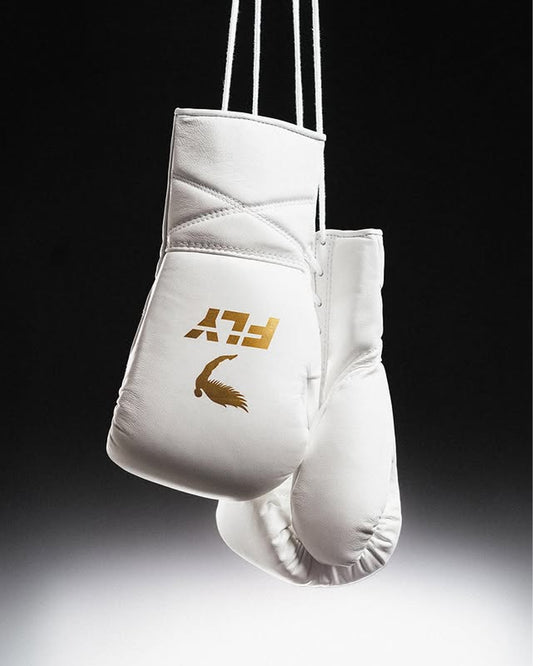 Fly Boxing Gloves | Profesional Training Boxing Gloves | Sparring Gloves | Lace-Up | White/Golden