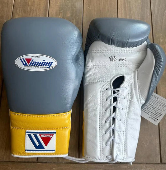 Winning Boxing Gloves Grey/White/Yellow – Lace-Up