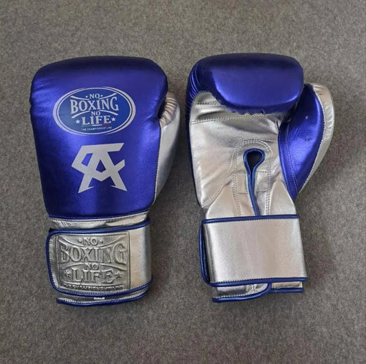 NO BOXING NO LIFE TRAINING GLOVES - Blue Silver | 100% Pure Leather | Best Choice for Fighters