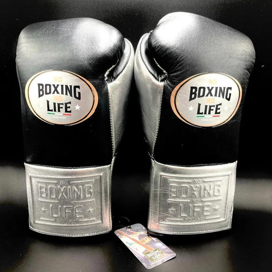 NO BOXING NO LIFE TRAINING GLOVES - Black Silver | 100% Pure Leather | Best Choice for Fighters