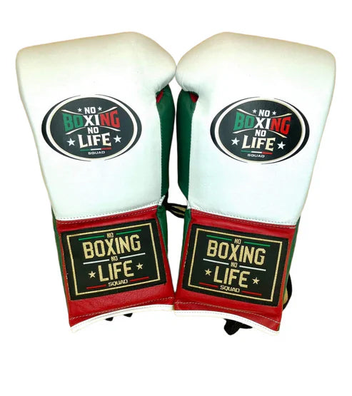 NO BOXING NO LIFE TRAINING GLOVES - White RED Green | 100% Pure Leather | Best Choice for Fighters