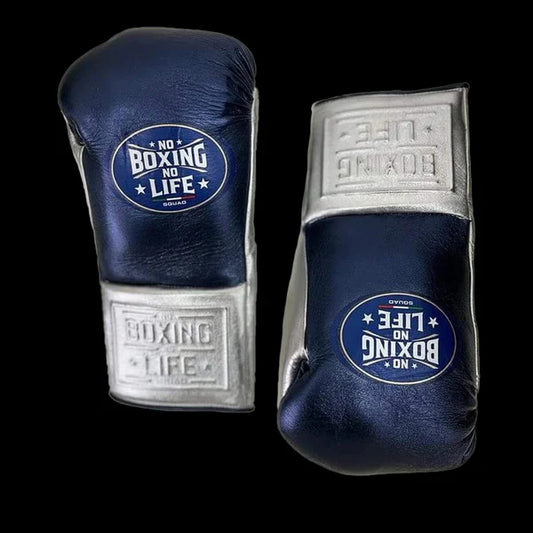 NO BOXING NO LIFE TRAINING GLOVES - Blue Silver | 100% Pure Leather | Best Choice for Fighters