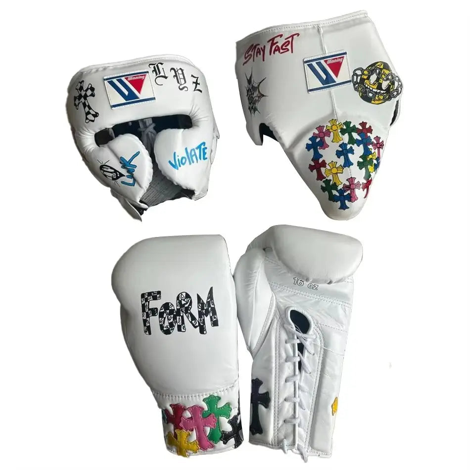 Winning Boxing Equipment Set Professional Gloves Headguard Groin Guard for Boxing and Martial Arts | White