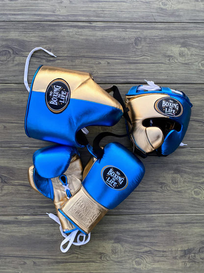 NO BOXING NO LIFE SET, NBNL Golden/Blue Boxing set, No Boxing No Life Gloves Head Guard & Groin Guard