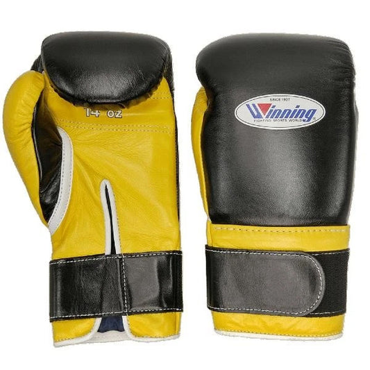 Black/Yellow Winning Boxing Gloves MS-400B Tape Pro Type Leather, Boxing Sparring & Training Gloves