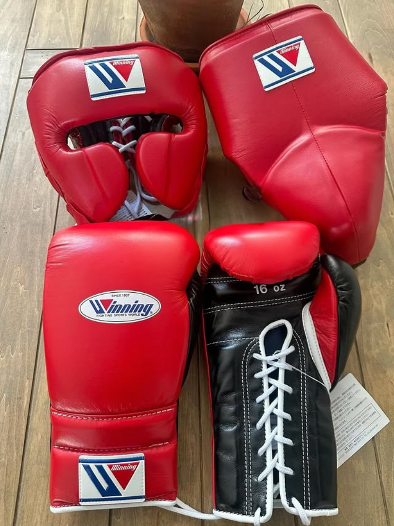 Winning Boxing Gloves and Headgear Set Complete Professional Boxing Training Kit with Groin Guard | Red/Black