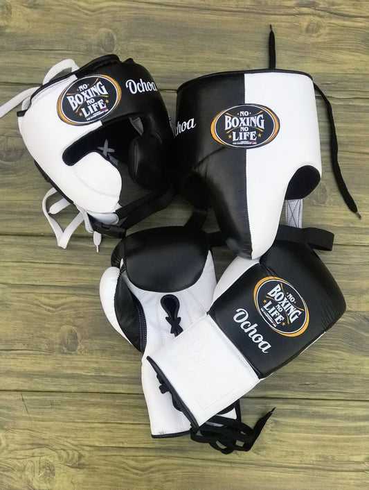 NO BOXING NO LIFE SET, NBNL Black/White Boxing set, No Boxing No Life Gloves Head Guard & Groin Guard