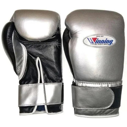 Silver/BlackWinning Boxing Gloves MS-400B Tape Pro Type Leather, Boxing Sparring & Training Gloves