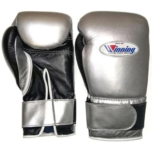 Silver/BlackWinning Boxing Gloves MS-400B Tape Pro Type Leather, Boxing Sparring & Training Gloves