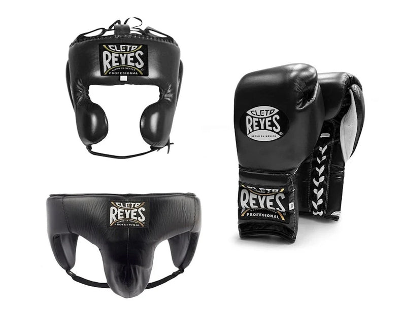 Cleto Reyes Black Boxing Gloves Set, Custom Logo, Head & Groin Protector