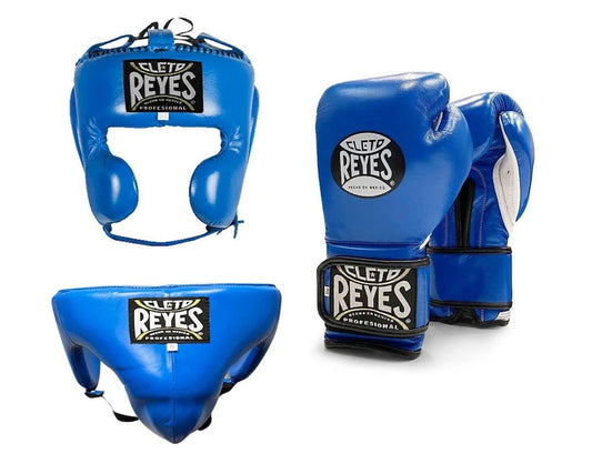 Cleto Reyes Blue Boxing Gloves Set, Custom Logo, Head & Groin Protector