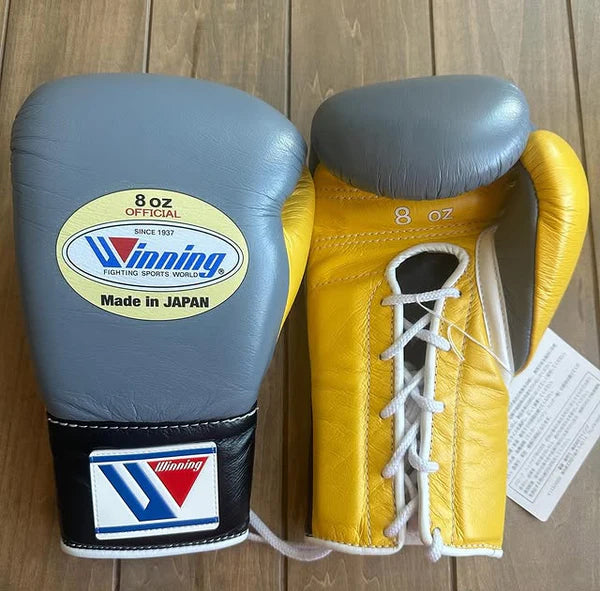 Winning Boxing Gloves Grey/Yellow/Black – Japanese Logo Lace-Up
