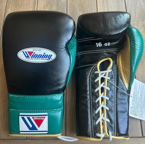 Winning Boxing Gloves Black/Green/Gold – Lace-Up