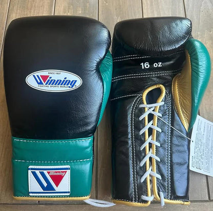 Winning Boxing Gloves Black/Green/Gold – Lace-Up