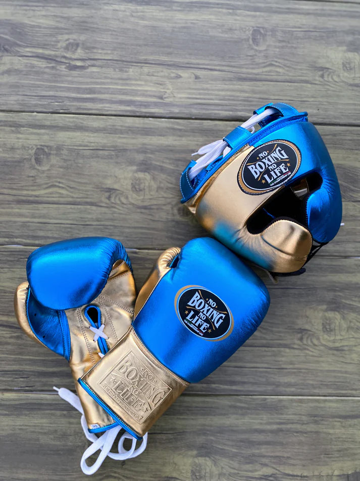 NO BOXING NO LIFE SET, NBNL Golden/Blue Boxing set, No Boxing No Life Gloves Head Guard & Groin Guard