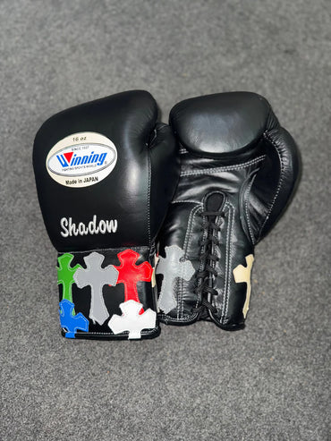 Winning Boxing Gloves Black – Japanese Logo Chrome Heart Style Lace-Up