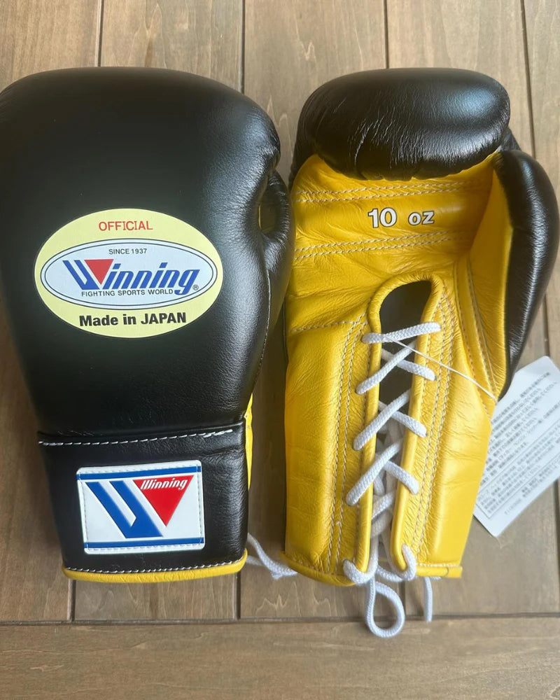 Winning Boxing Gloves Black/Yellow – Japanese Logo Lace-Up