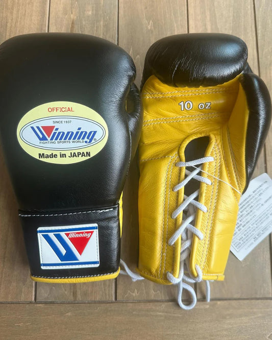 Winning Boxing Gloves Black/Yellow – Japanese Logo Lace-Up
