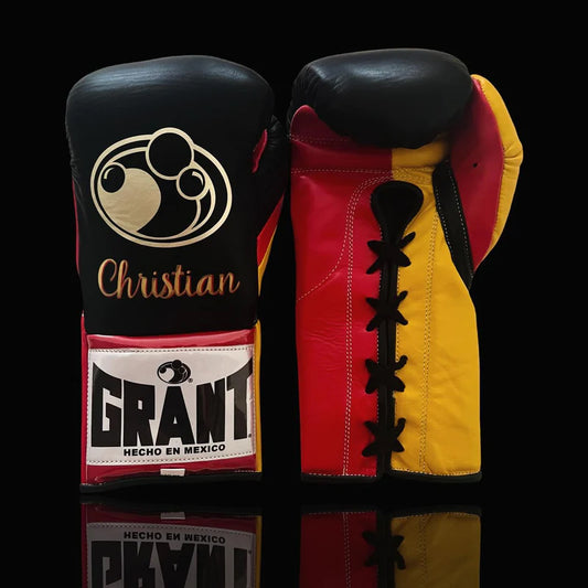 Grant Boxing Gloves | Professional Lace-up | Customizable - 16oz | Black/Red/Yellow