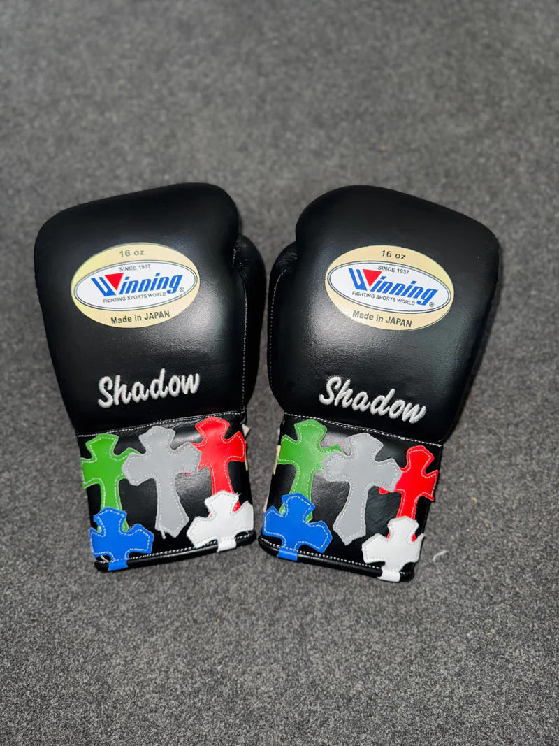 Winning Boxing Gloves Black – Japanese Logo Chrome Heart Style Lace-Up
