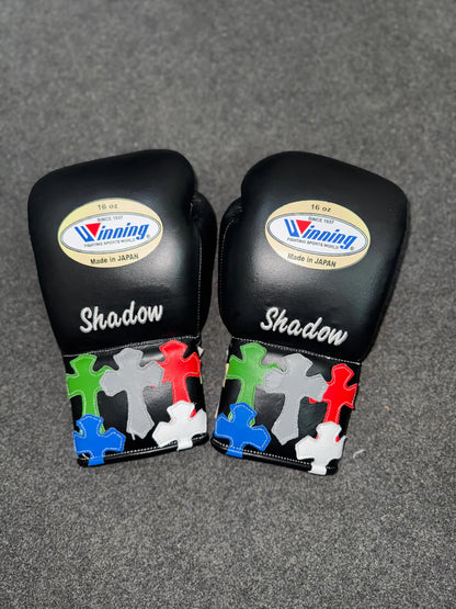 Winning Boxing Gloves Black – Japanese Logo Chrome Heart Style Lace-Up
