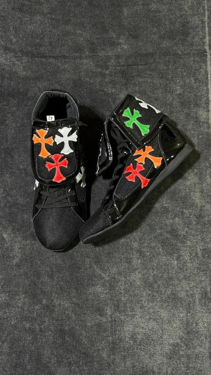 Custom Chrome Heart Crosses Leather Boxing Shoes, Lightweight Pro Wrestling Boots