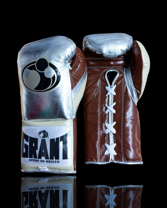 Grant Boxing Gloves | Professional Lace-up | Customizable - Fight-Grade Padding | Silver/Brown