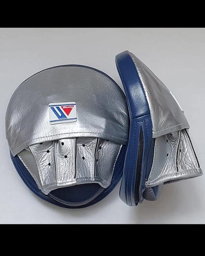 Winning Professional Boxing Punching Mitts - Customizable - Handcrafted Leather - Blue/Silver