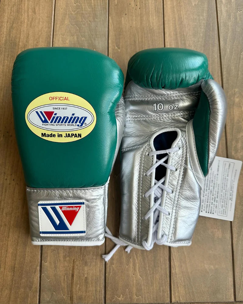 Winning Boxing Gloves Green/Silver – Japanese Logo Lace-Up