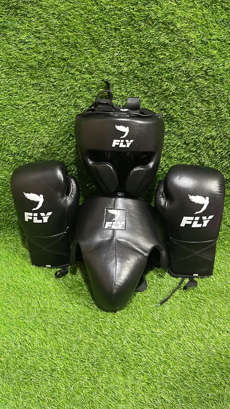 Genuine Cowhide Leather Fly Boxing Sparring Set: Gloves, Headguard, Groin Guards