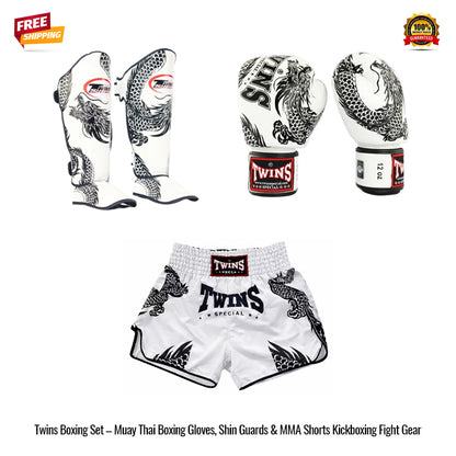 Twins Boxing Set – Muay Thai Boxing Gloves, Shin Guards & MMA Shorts Kickboxing Fight Gear