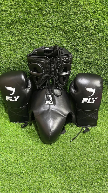 Genuine Cowhide Leather Fly Boxing Sparring Set: Gloves, Headguard, Groin Guards