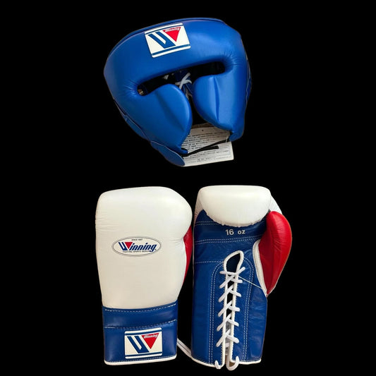 Winning Boxing Gloves Set, Winning Boxing Glove, Winning Face Protector, Head Guard - Blue/White