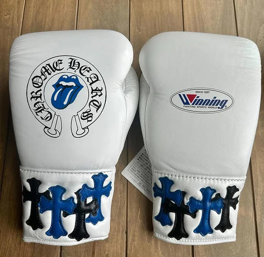 Winning Boxing Gloves White/Blue – Chrome Heart Style Lace-Up